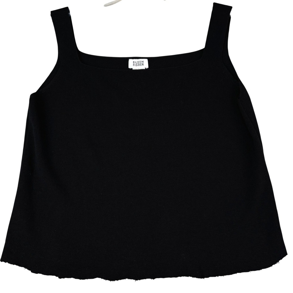Eileen Fisher Small Black Wool Knit Tank Top Square Neck Minimalist Raw Hem
